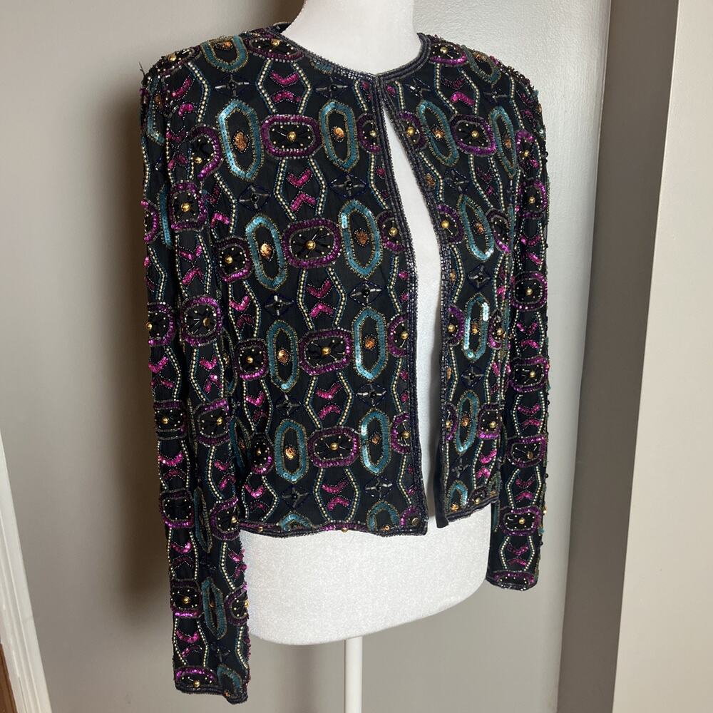 Vintage Papell Boutique Open Front Jacket Cocktail Colorful Beaded Petite Small